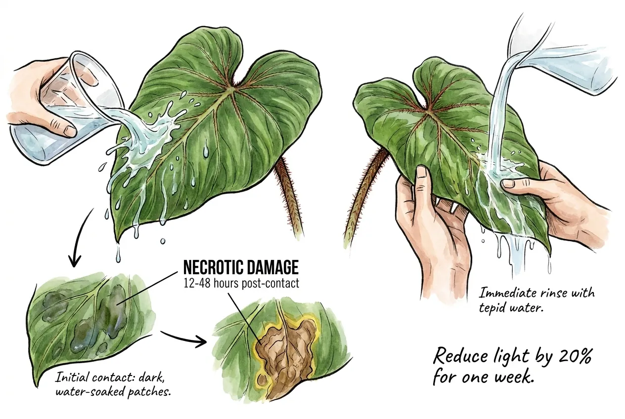Long-spout watering can delivering drench to substrate while leaves stay tied above.