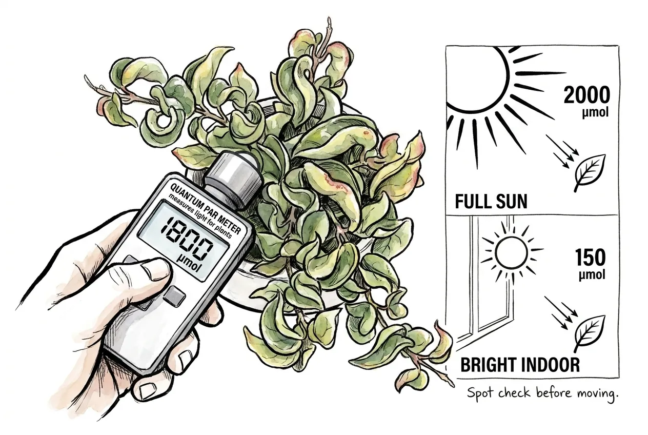 Illustration of a quantum PAR meter reading PPFD at a plant's leaves