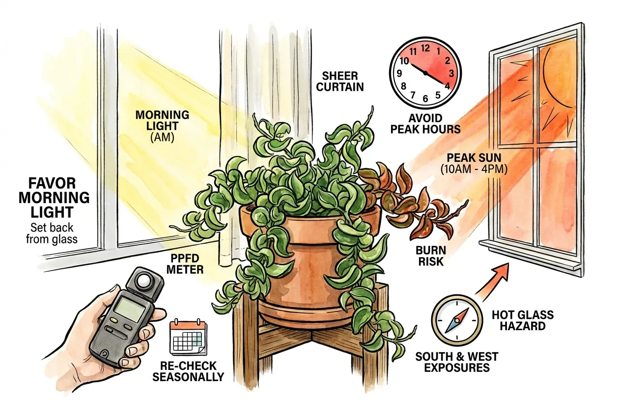 Illustration of a Hoya set back from a hot window behind a sheer curtain