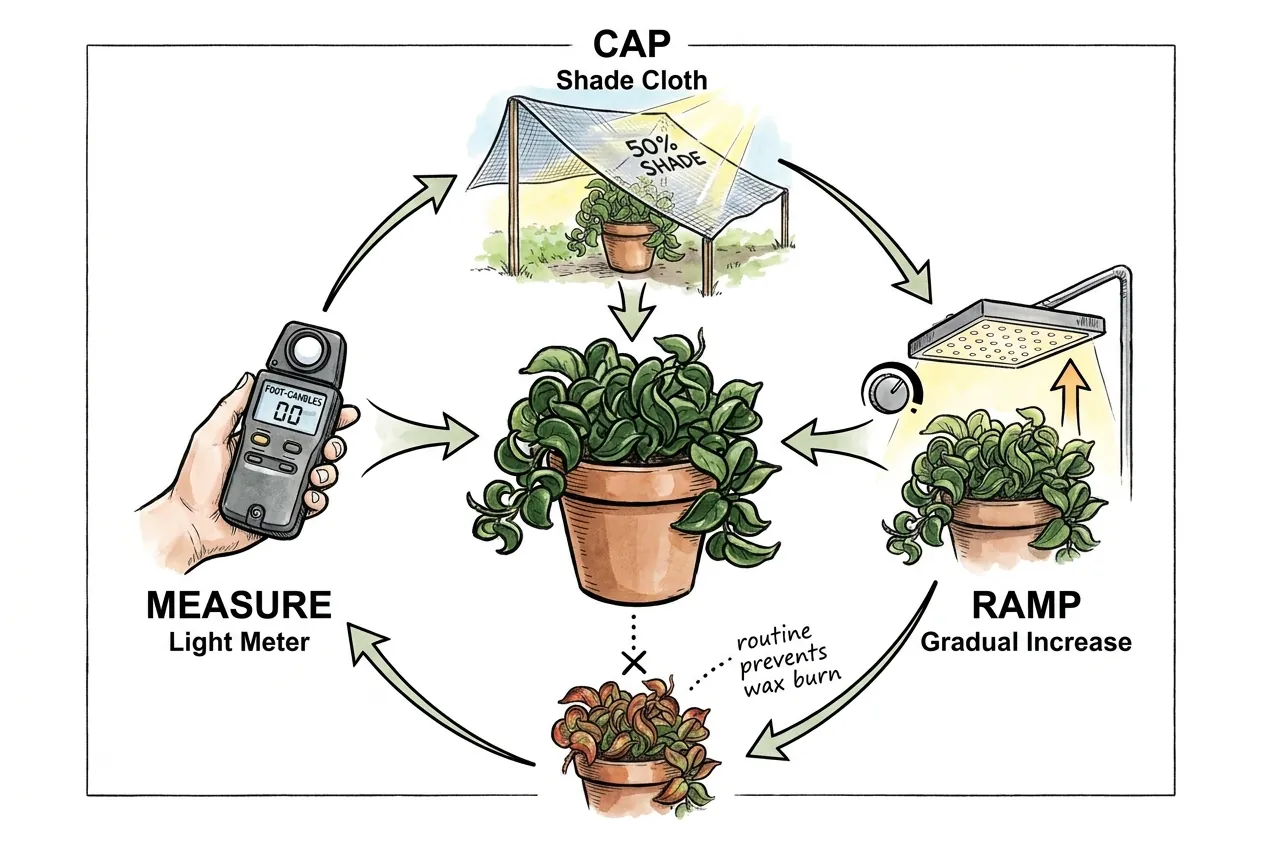 Illustration of a measure, cap, and ramp loop for reducing leaf light damage