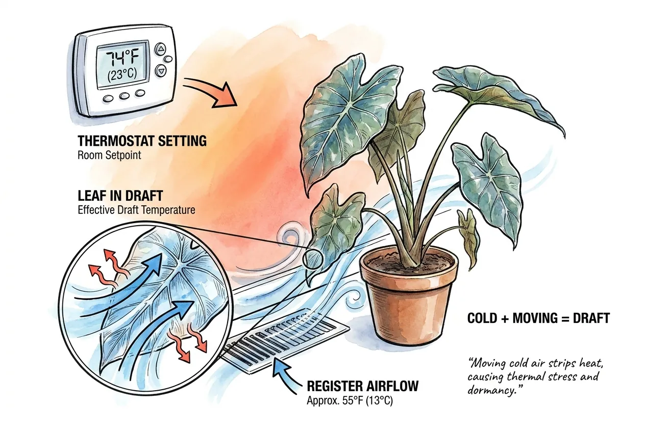 Concept illustration: cold air streaming from a floor register up onto a plant while a wall thermostat reads a warmer setpoint