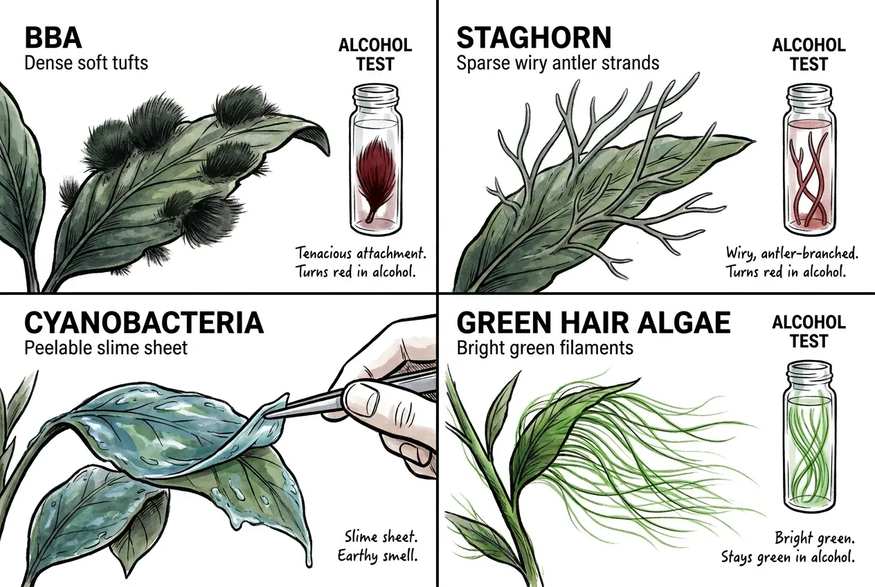 Illustrated comparison of bushy black beard tufts, sparse staghorn strands, and slimy cyanobacteria