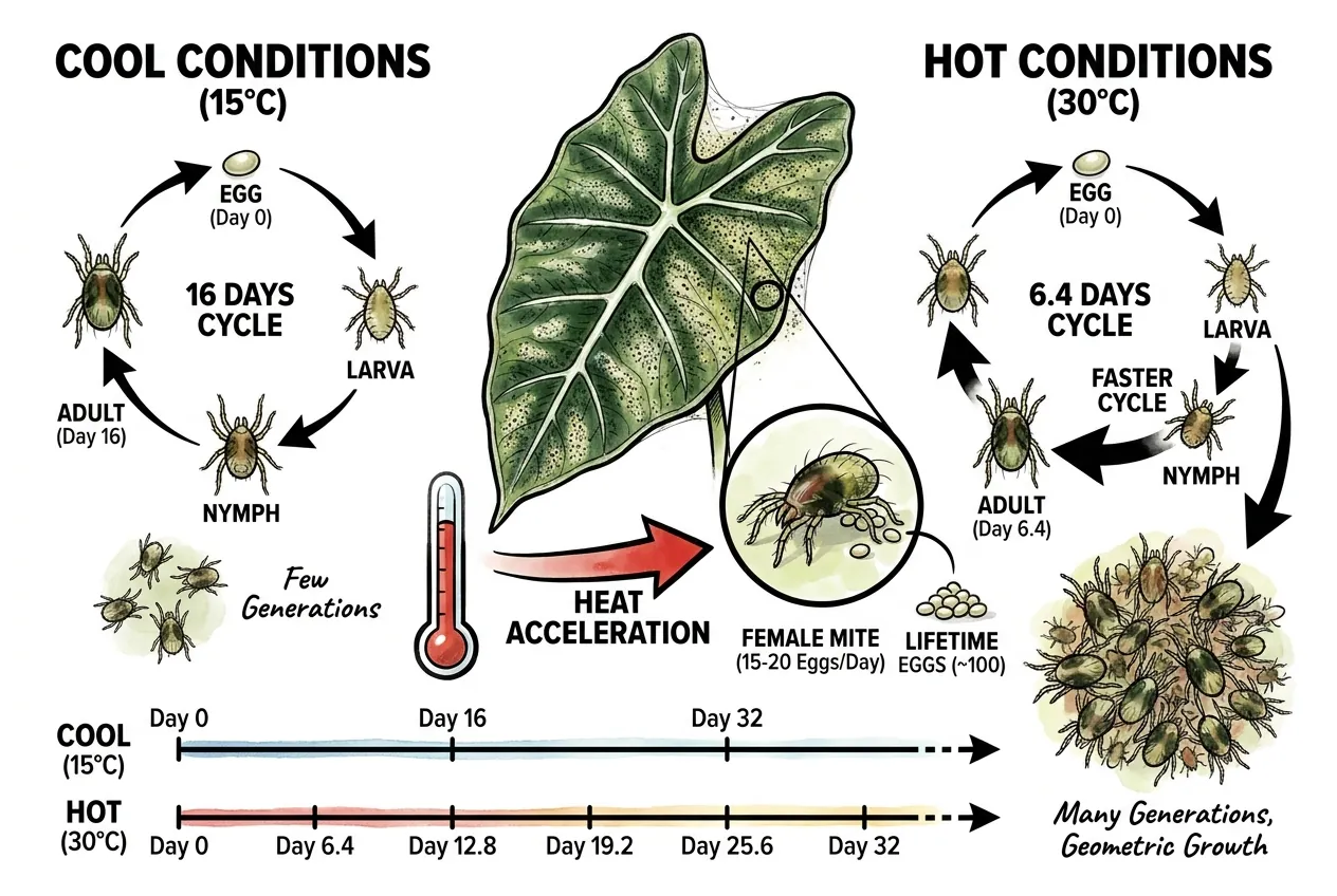 Illustrated schematic of spider mite egg-to-larva-nymph-adult stages, with example day counts at two temperatures