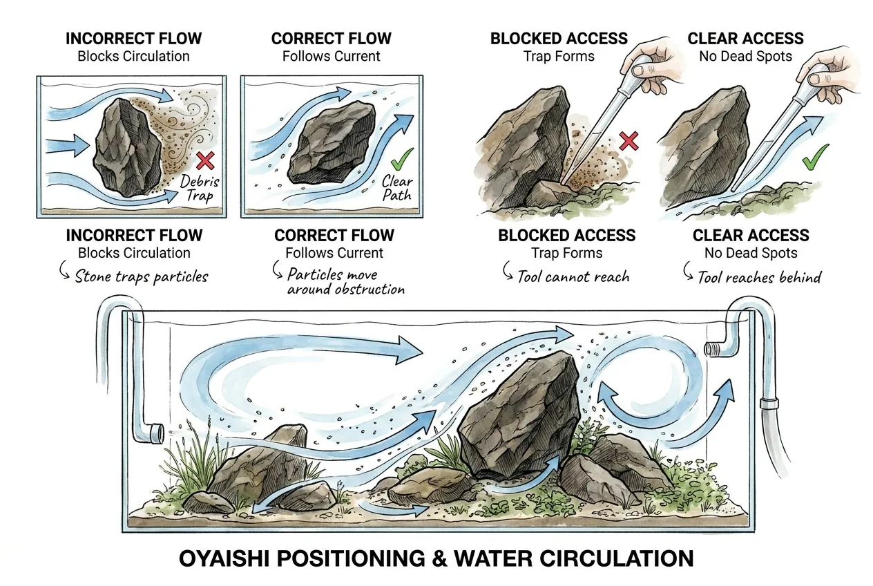 Conceptual diagram contrasting a blocked rock pocket with an open, accessible lane behind the Oyaishi