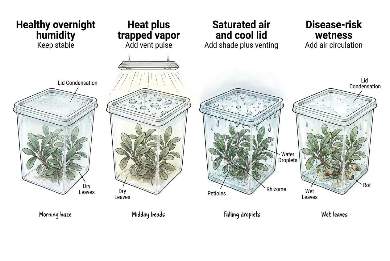Illustration of four lid-condensation stages from morning haze to dripping and wet leaves