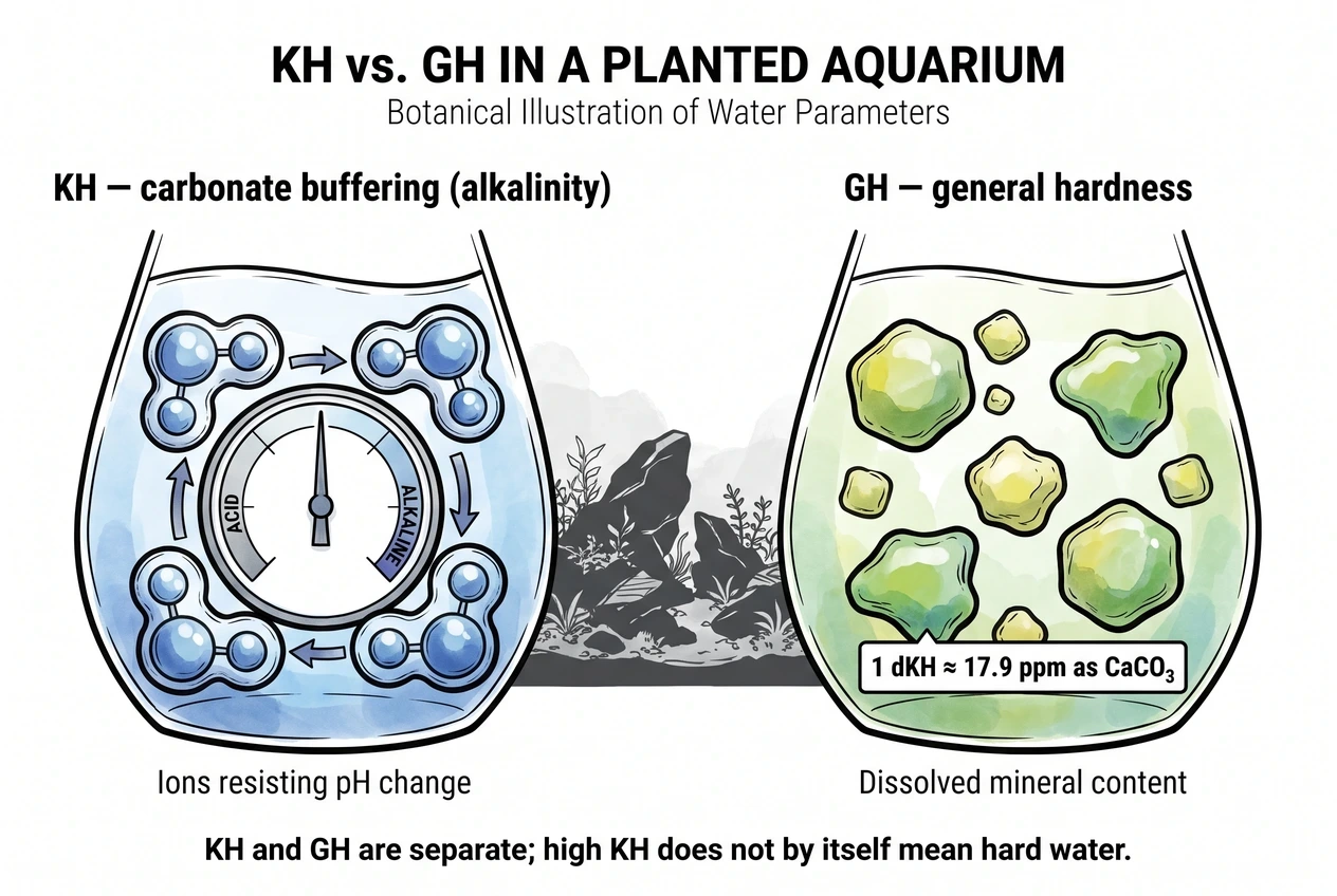 Conceptual illustration of KH test tubes beside an Iwagumi stone layout