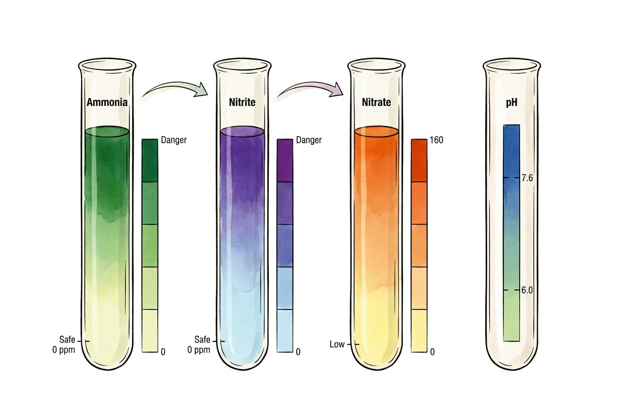 Four test tubes reading ammonia, nitrite, nitrate and pH along the nitrogen cycle