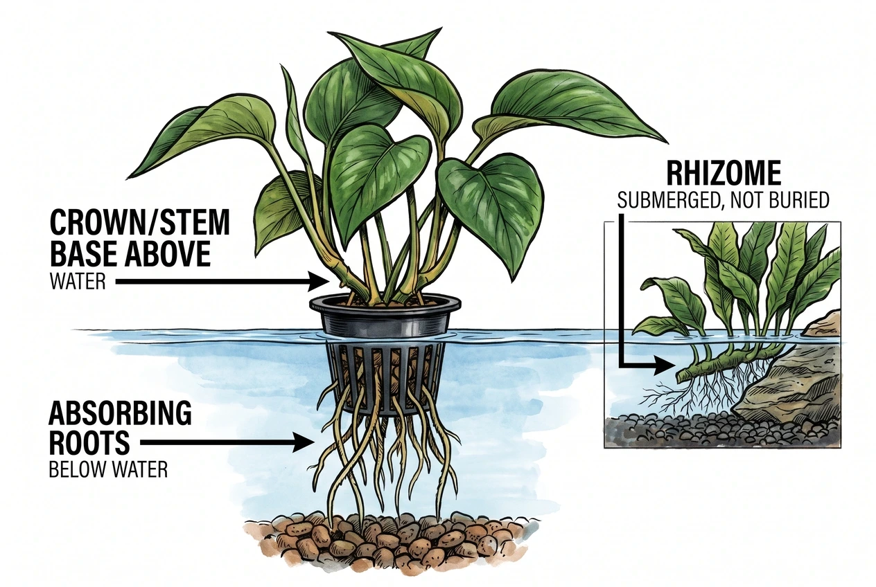 Diagram of a houseplant showing roots below the waterline and the crown, stem base, and leaf bases held in air above it