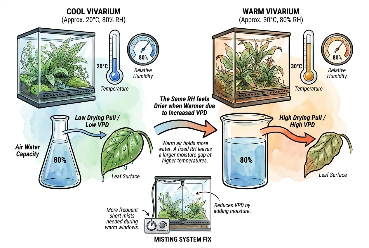 Two vivarium beakers both at 80% RH, one cool and one warm, illustrating that a warmer enclosure has a higher vapor pressure deficit