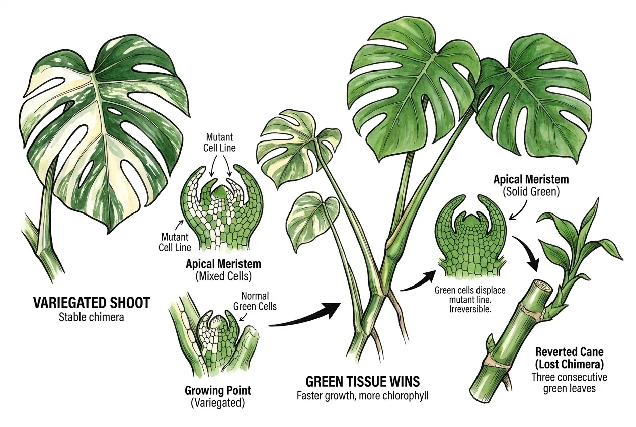 Conceptual diagram of a chimeral shoot tip where solid-green cells expand at the growing point and a reverted cane develops