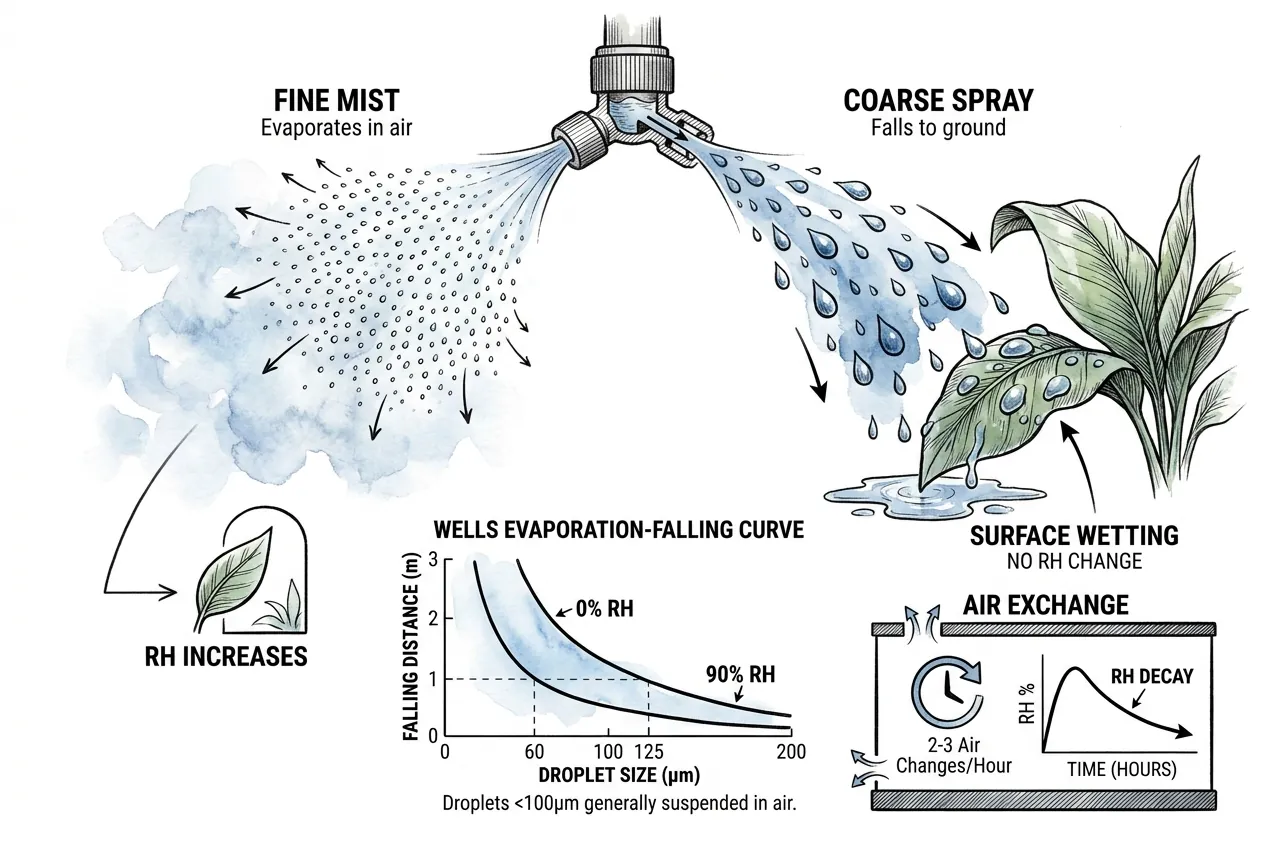 Diagram contrasting fine mist that evaporates in the air with coarse spray that falls and wets leaves
