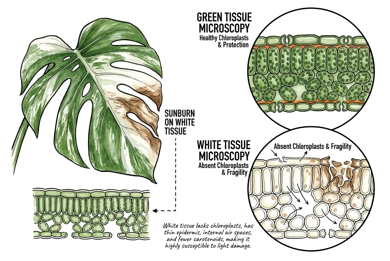 Conceptual comparison of a green leaf cell rich in chloroplasts beside a low-pigment white-sector cell with underdeveloped plastids