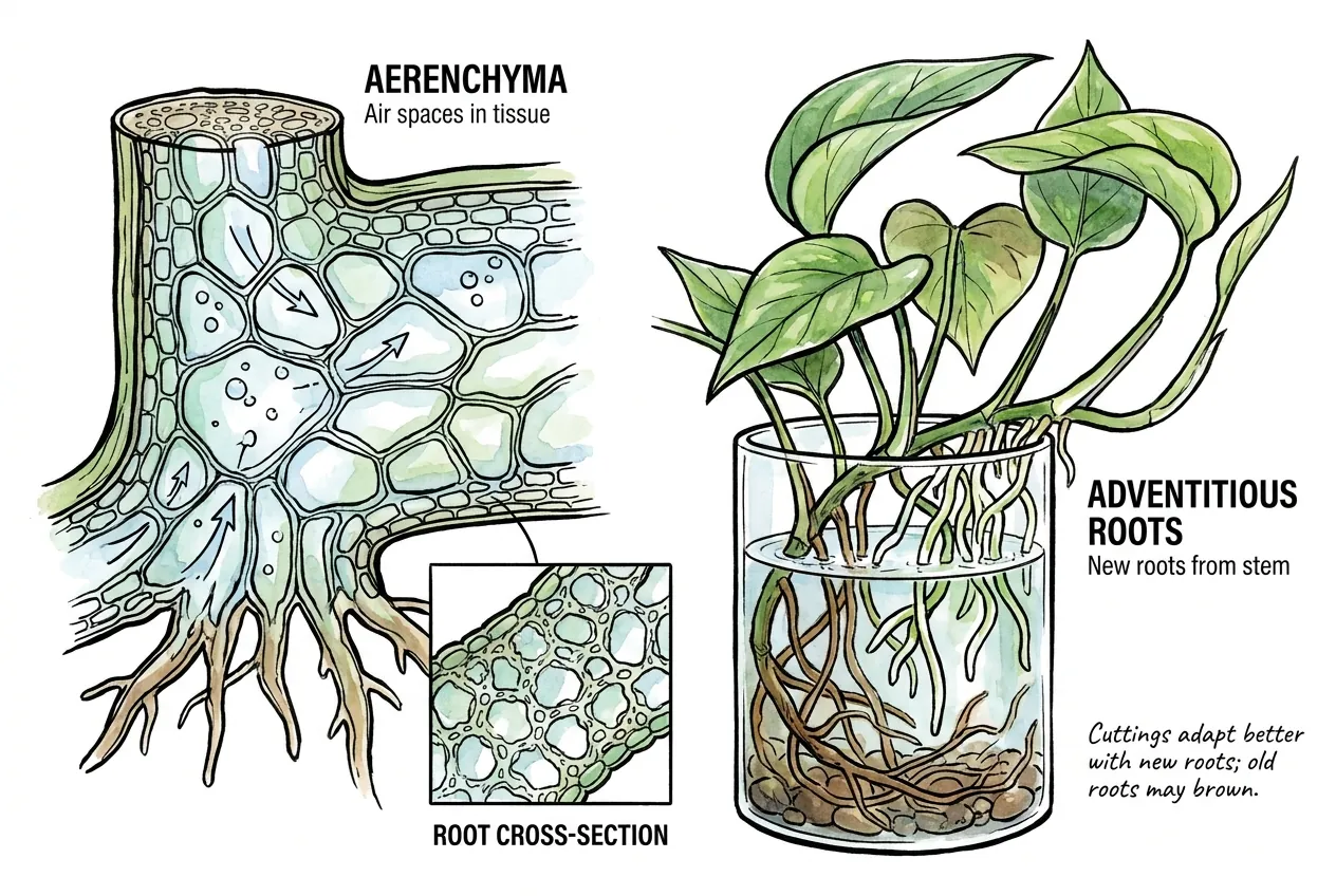 Schematic cross-section of a root with internal air channels next to a stem node growing new roots