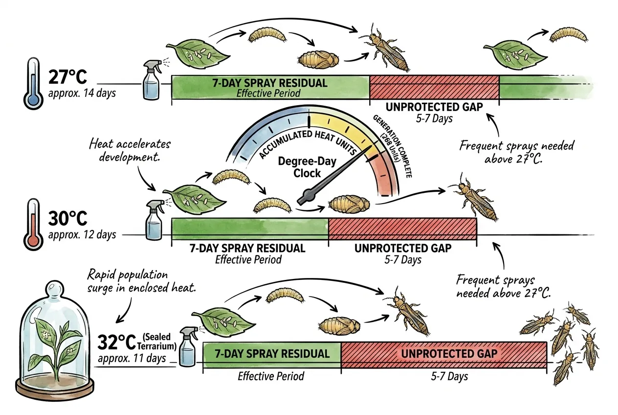 Schematic of heat accumulating toward one thrips generation, with a protection gap between short-residual sprays