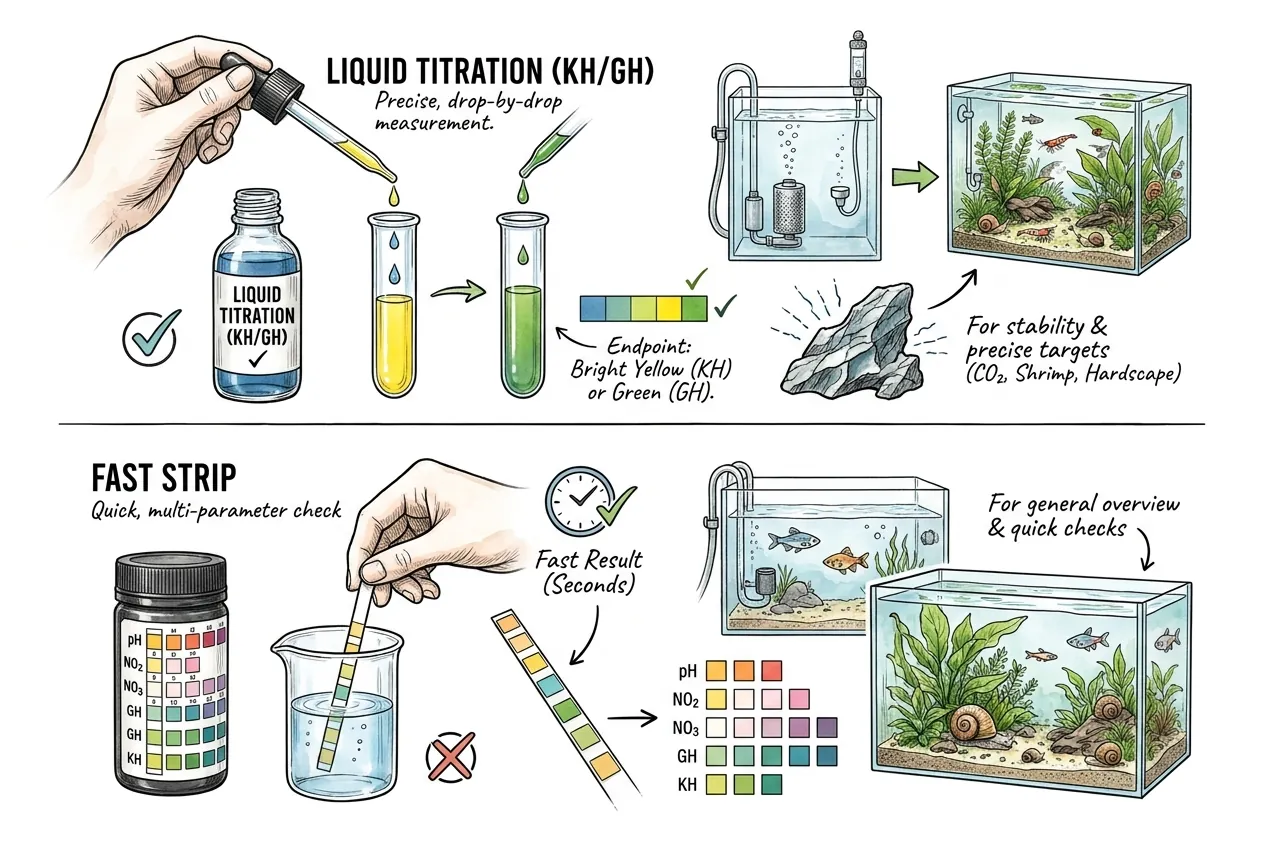 Precise dropwise KH and GH titration compared with a fast multi-parameter strip
