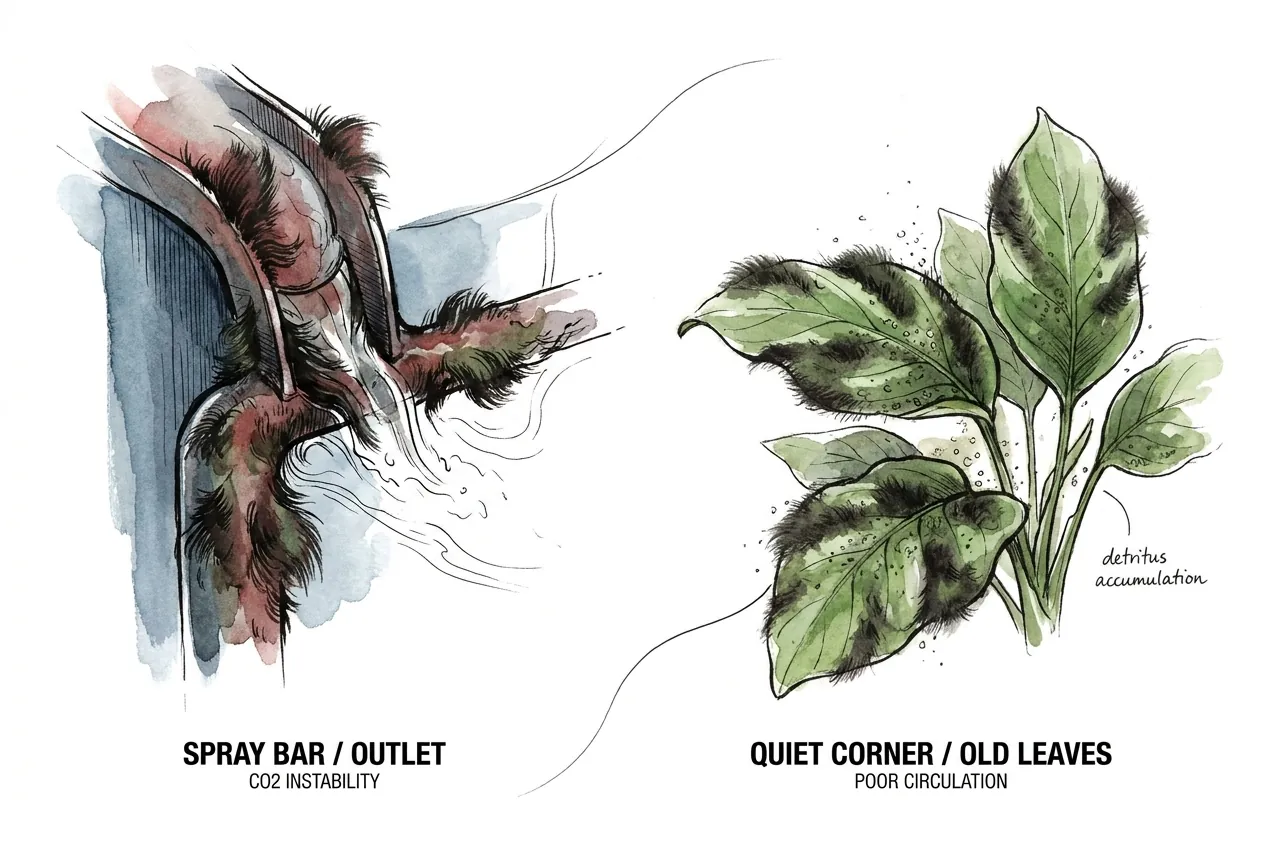Illustration of black beard algae on a filter outlet and old Anubias leaf edges