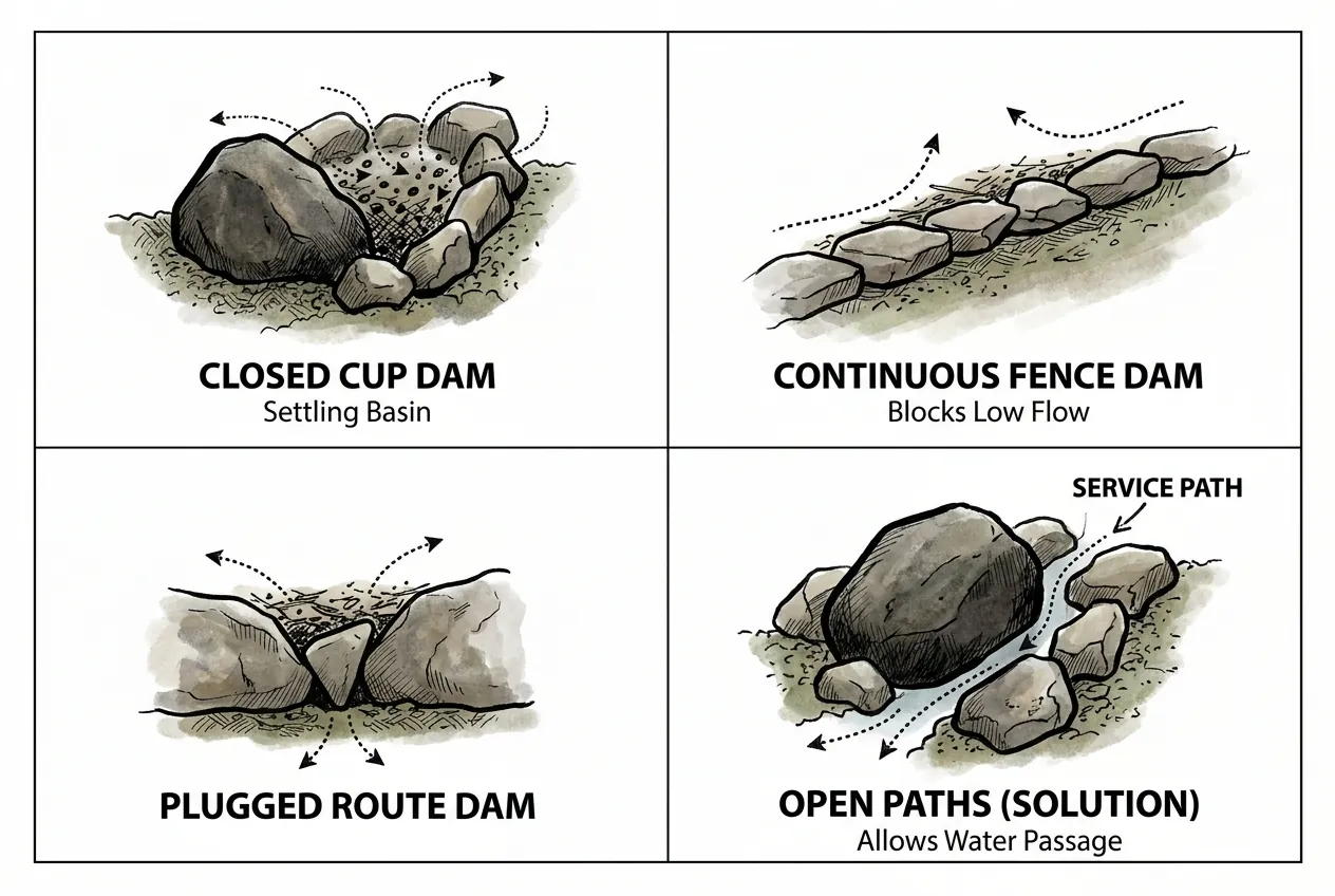 Conceptual diagram comparing supporting stones that form a closed cup with stones staggered to leave open gaps