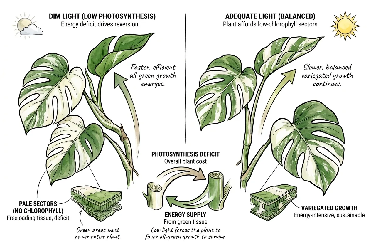 Comparison illustration of a variegated plant under dim versus adequate light