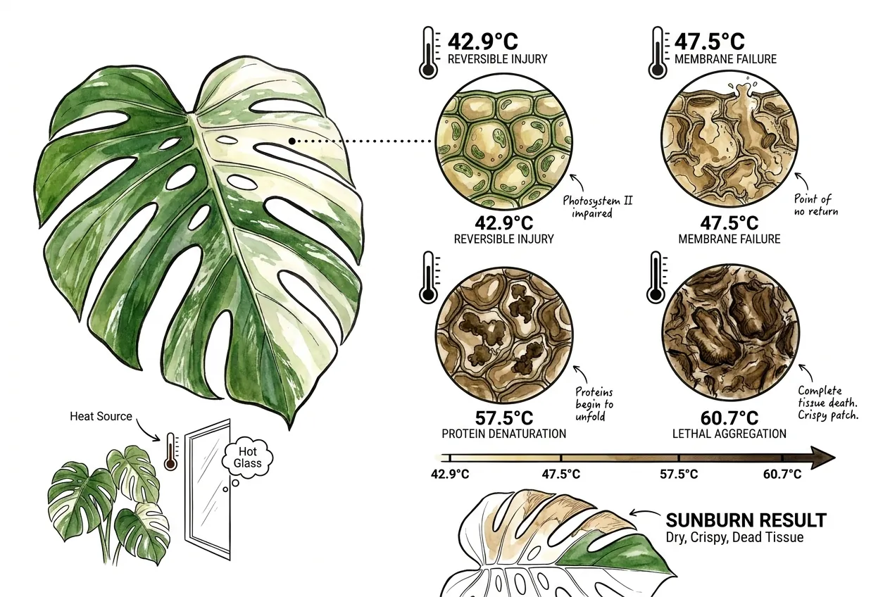 Conceptual ladder of leaf heat-injury stages, from reversible photosystem impairment through membrane damage to protein denaturation, based on averages across several unrelated species