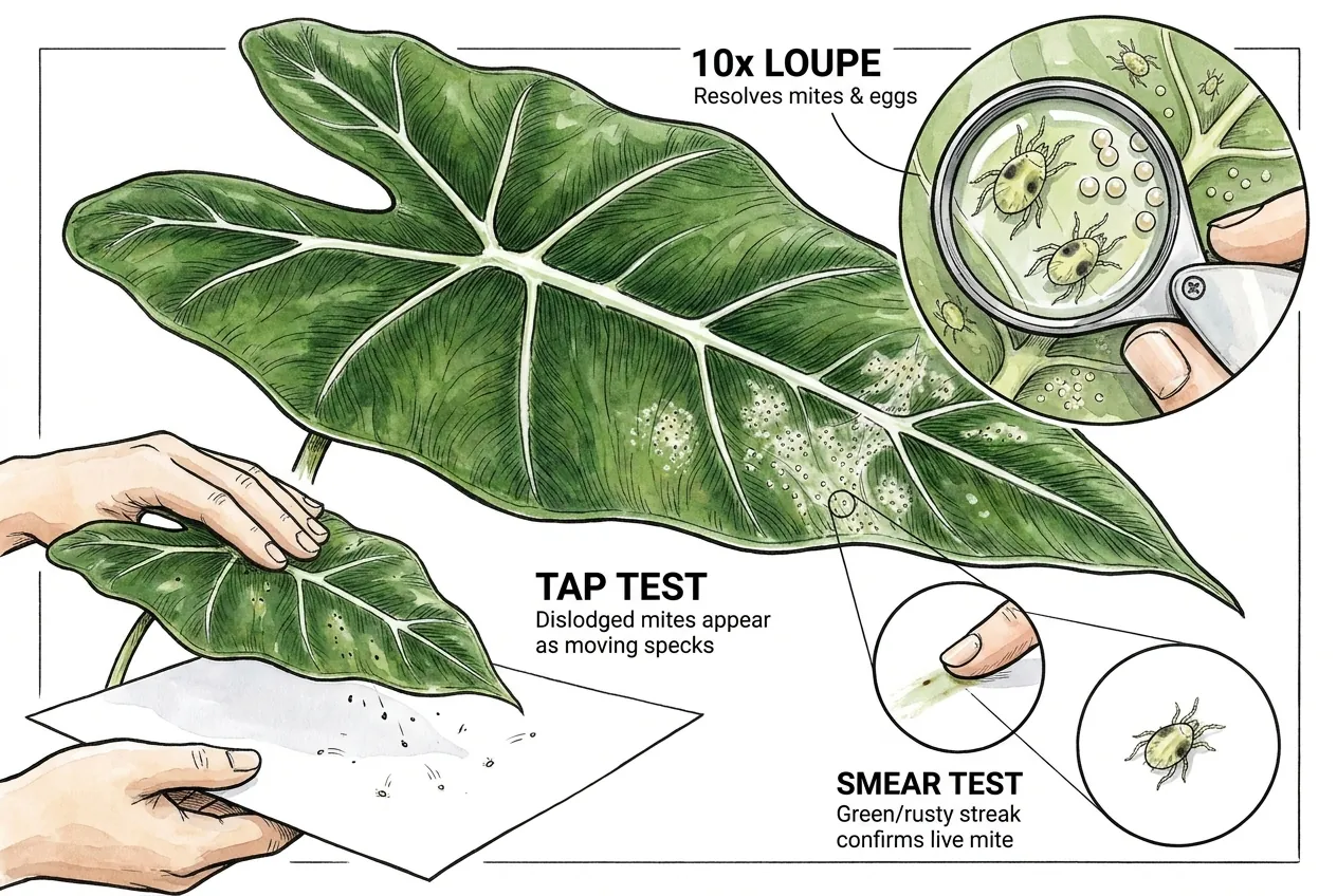 Illustration of a hand lens held over a leaf underside and a white-paper tap test, showing the inspection workflow (not to scale)