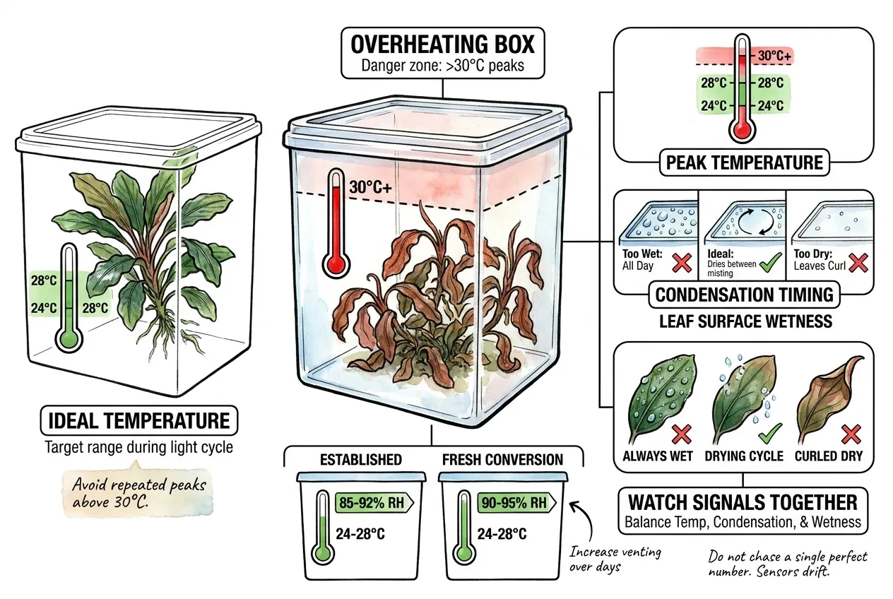 Illustrated temperature and humidity starting ranges for a Bucephalandra box