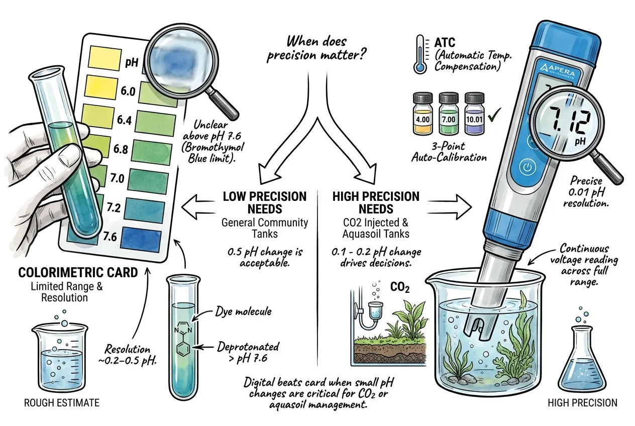 A colorimetric low-range pH card next to a digital pH pen
