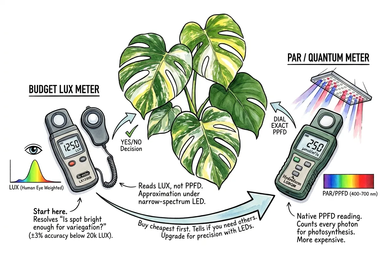 Illustration contrasting a budget lux meter with a PAR quantum meter measuring light at leaf height