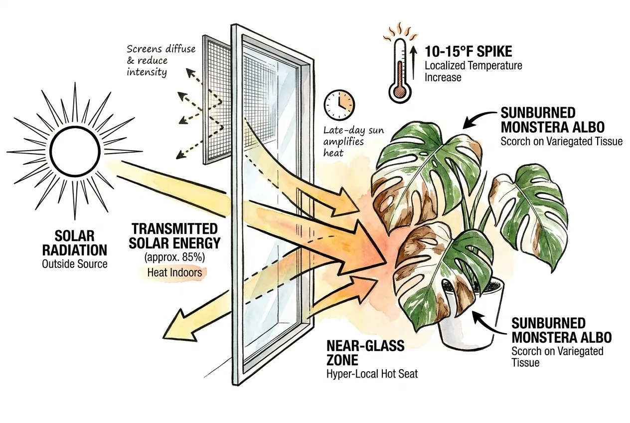 Conceptual illustration of sun entering a window and warming the zone near the glass where a plant sits close to it