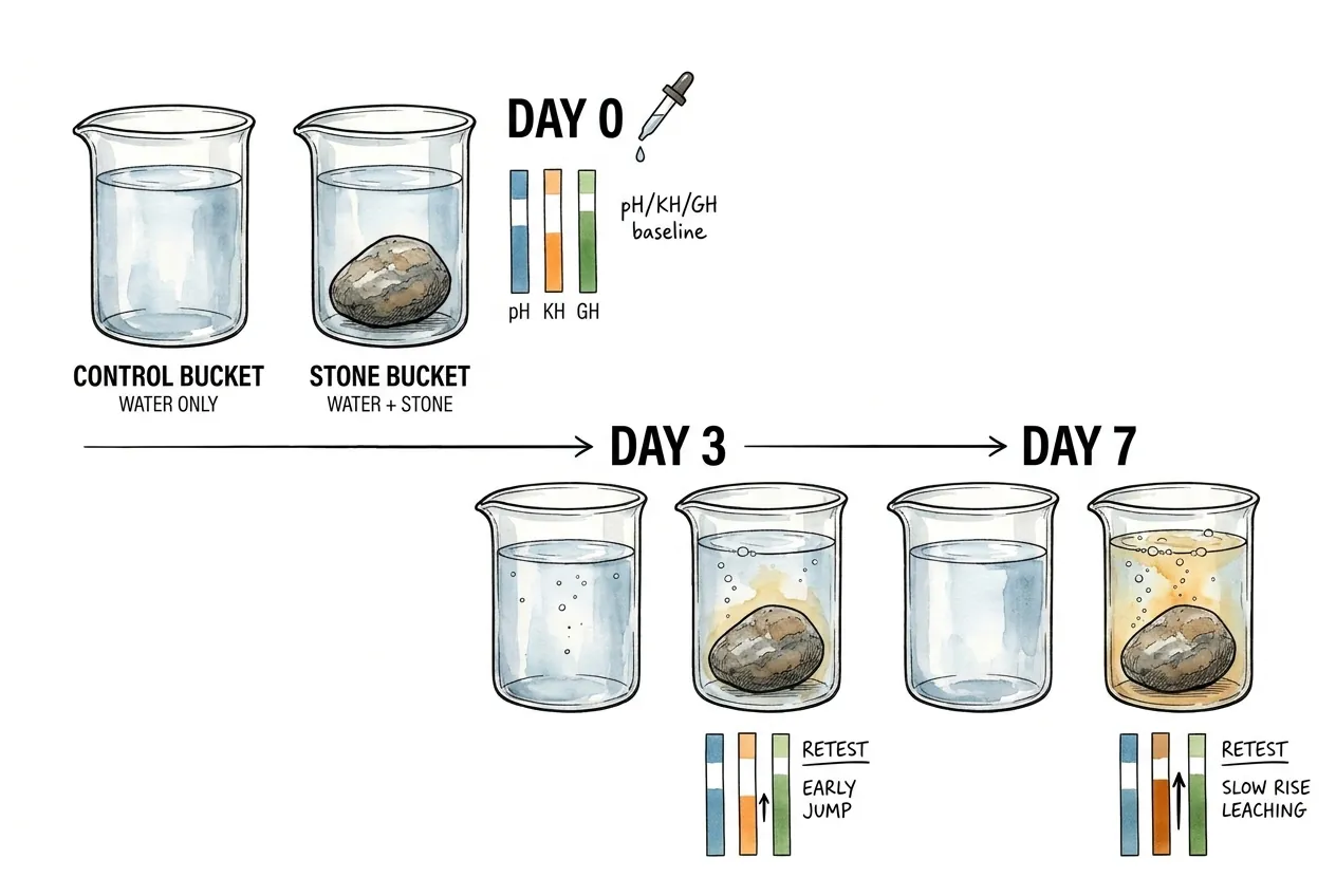 Conceptual diagram of a control bucket and a stone bucket tested for pH, KH, and GH on days 0, 3, and 7