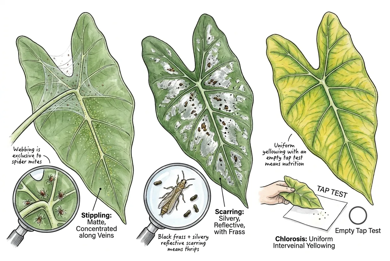 Illustrated comparison diagram of spider mite stippling, thrips scarring, and nutrient chlorosis on leaves