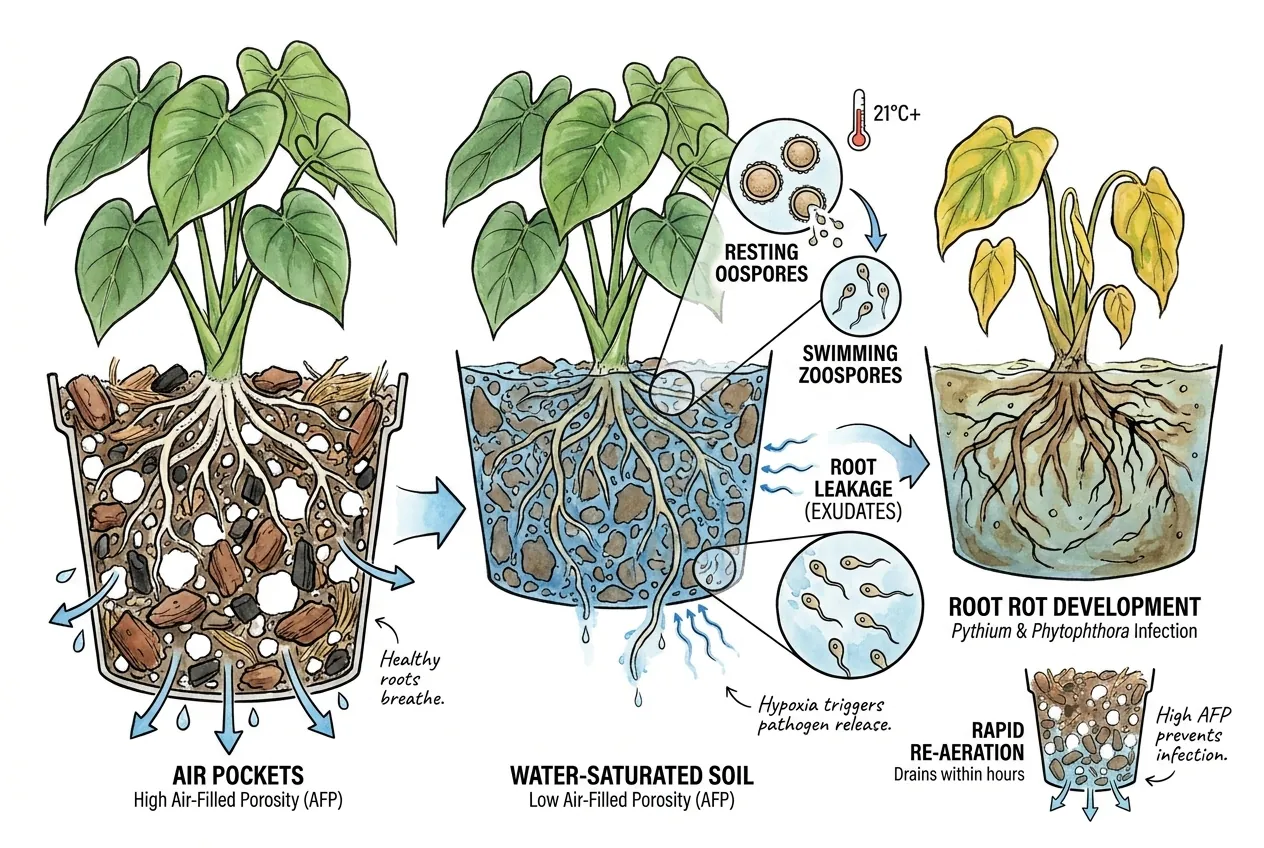 Diagram linking saturated low-oxygen soil and leaked root exudates to Pythium and Phytophthora, when the pathogens are present