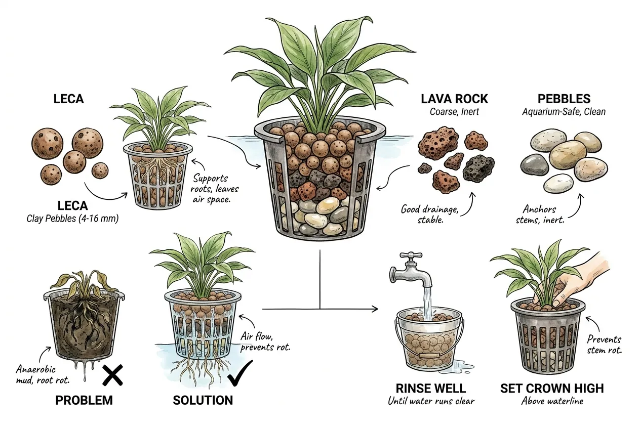Net cup filled with coarse clay pebbles holding plant roots, with the crown above the waterline