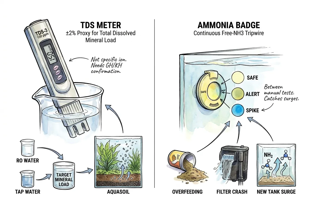 A TDS meter beside a continuous free-ammonia alert badge