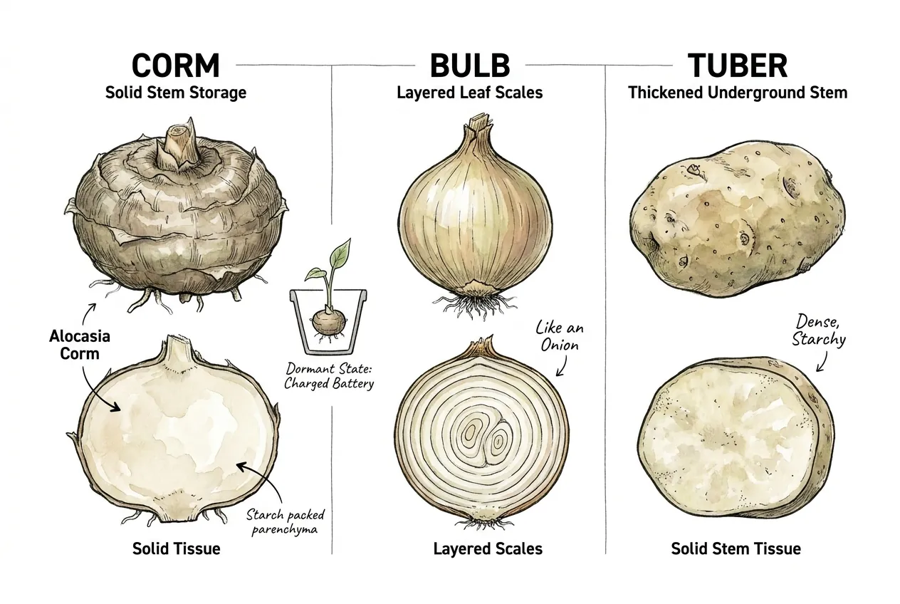 Solid corm cross-section beside a layered bulb and a stem tuber, shown for comparison