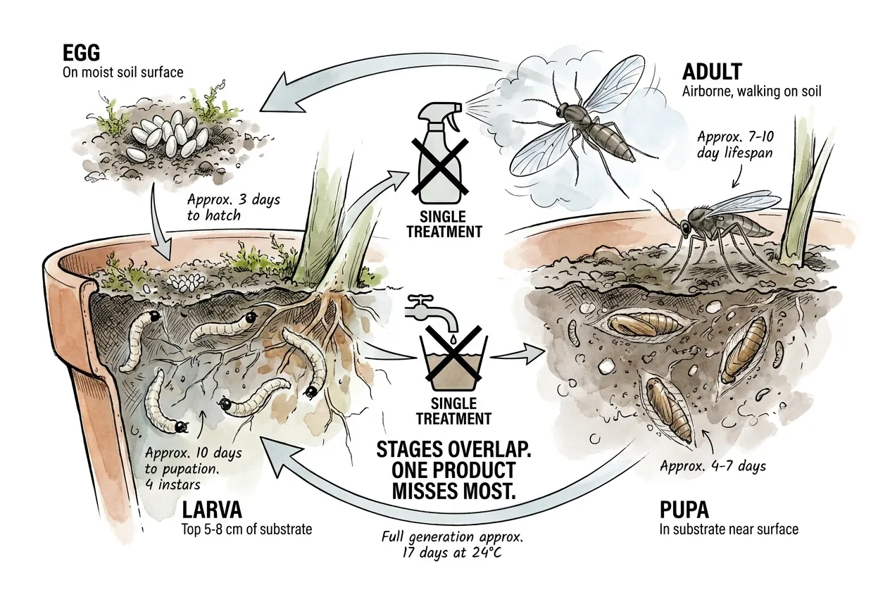 Schematic cross-section of a pot mapping egg, larva, pupa, and adult fungus gnat stages to where each lives