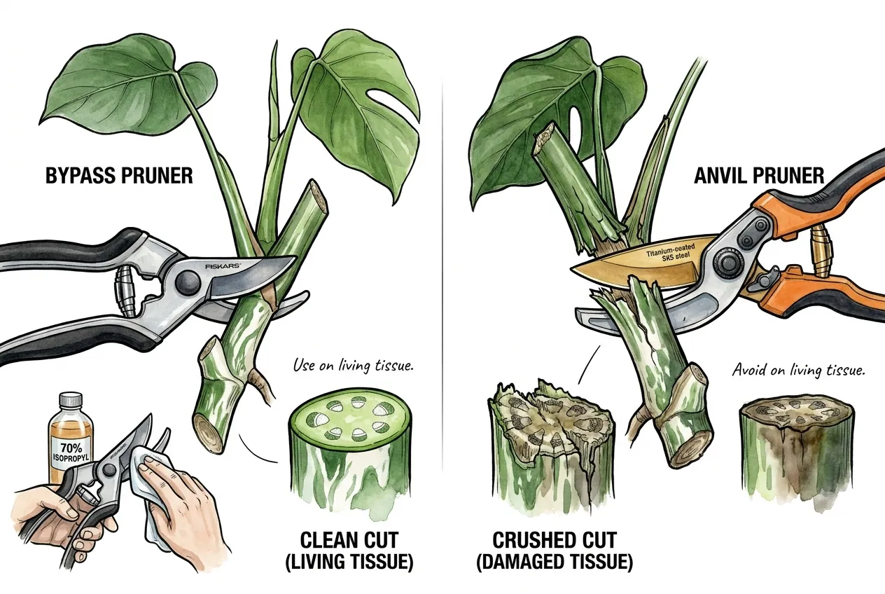 Illustration comparing a clean bypass cut on a stem with a crushed cut