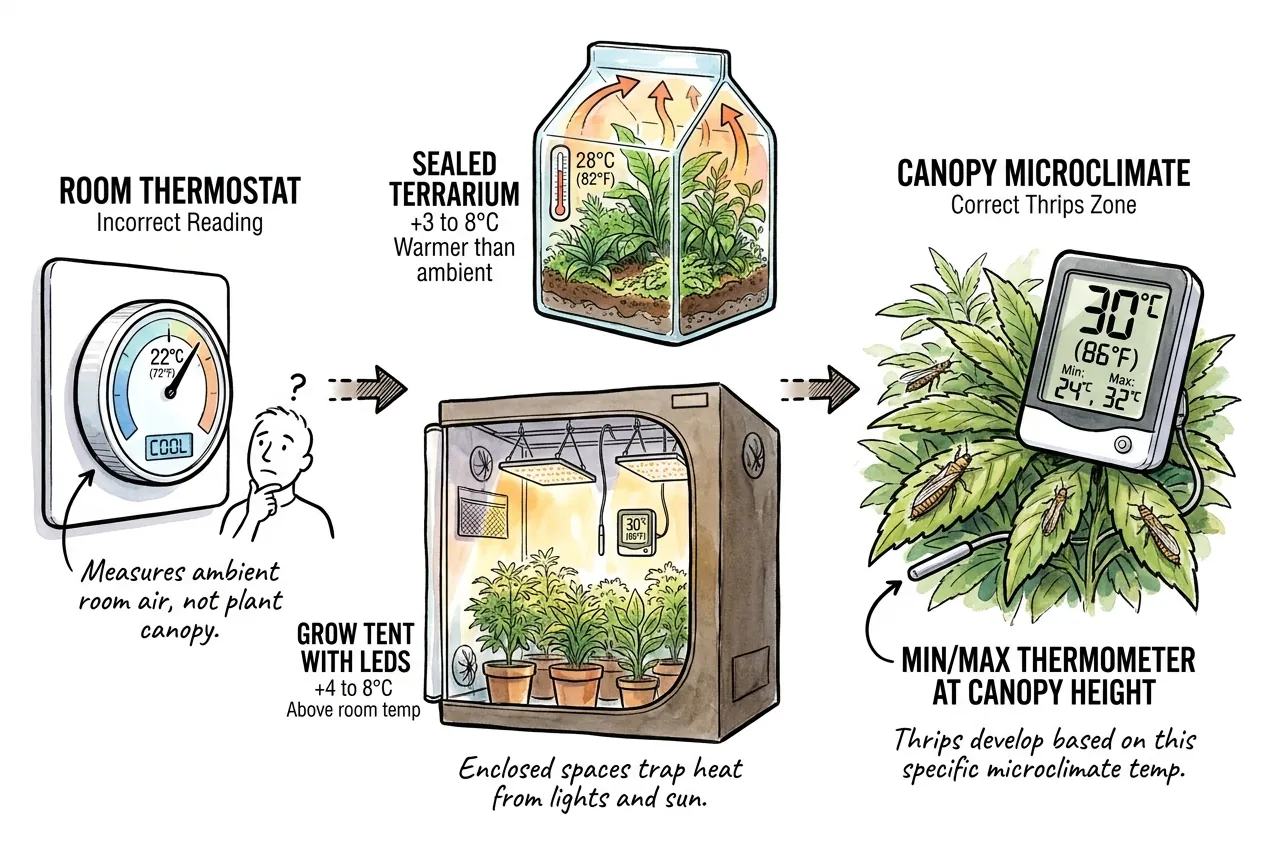 Diagram contrasting a room sensor reading with a warmer temperature at the enclosure canopy