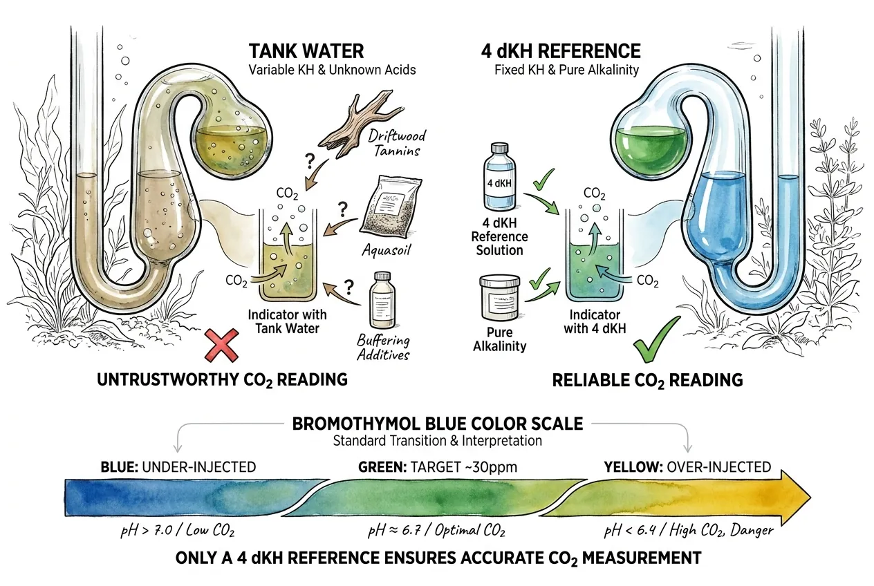 Drop checker charged with tank water versus a known 4 dKH reference, shown against a blue-green-yellow color scale