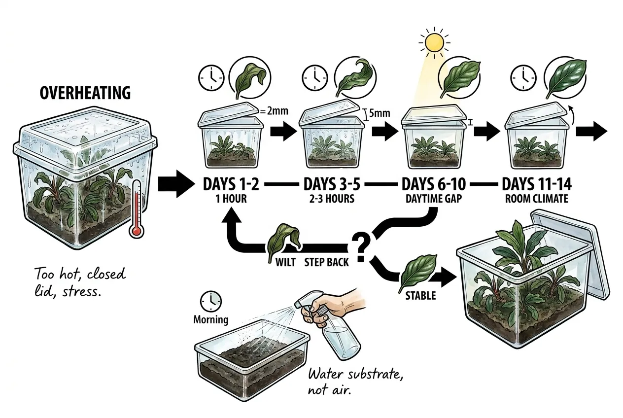 Illustration of a staged lid-opening sequence for emersed Bucephalandra over about two weeks