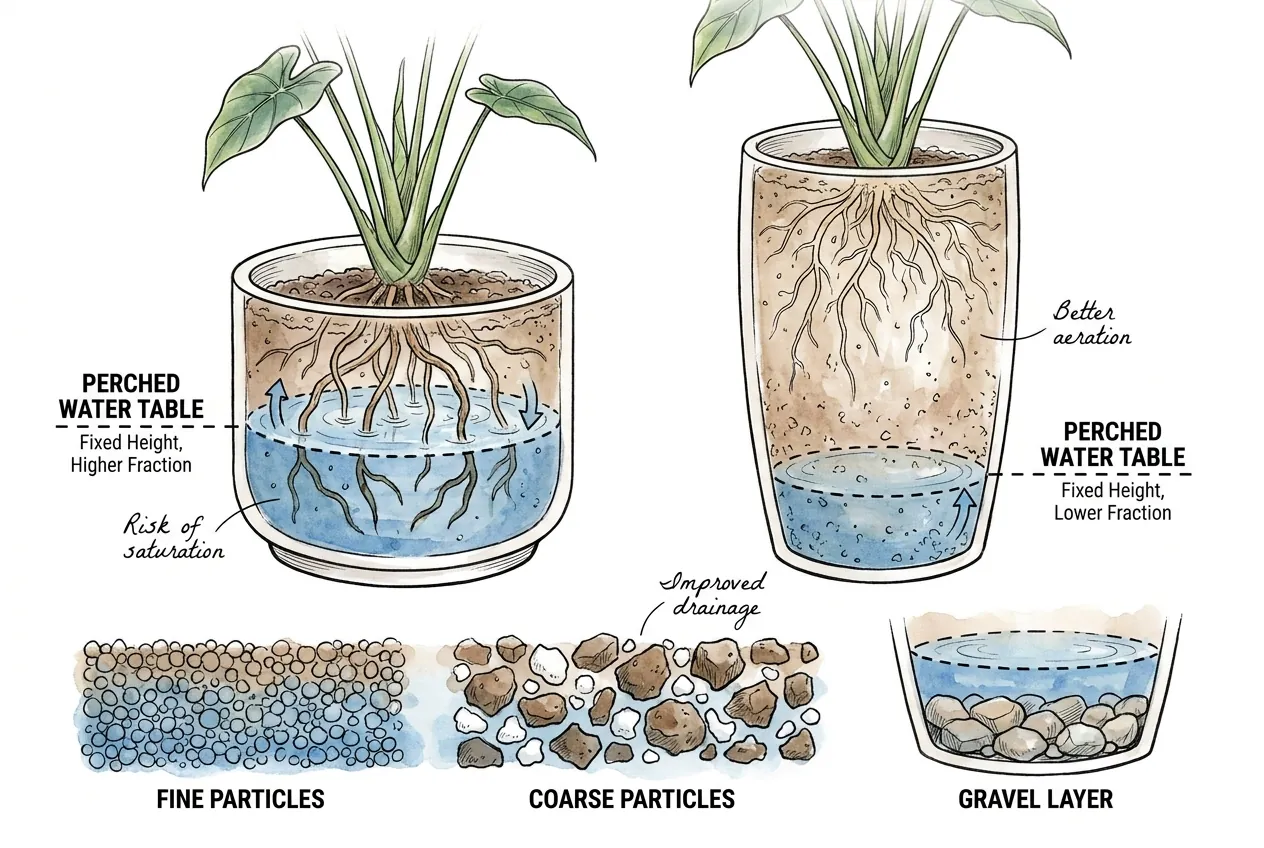 A saturated bottom zone fills a larger fraction of a short pot than a tall pot with the same mix, with a gravel layer shown as no help