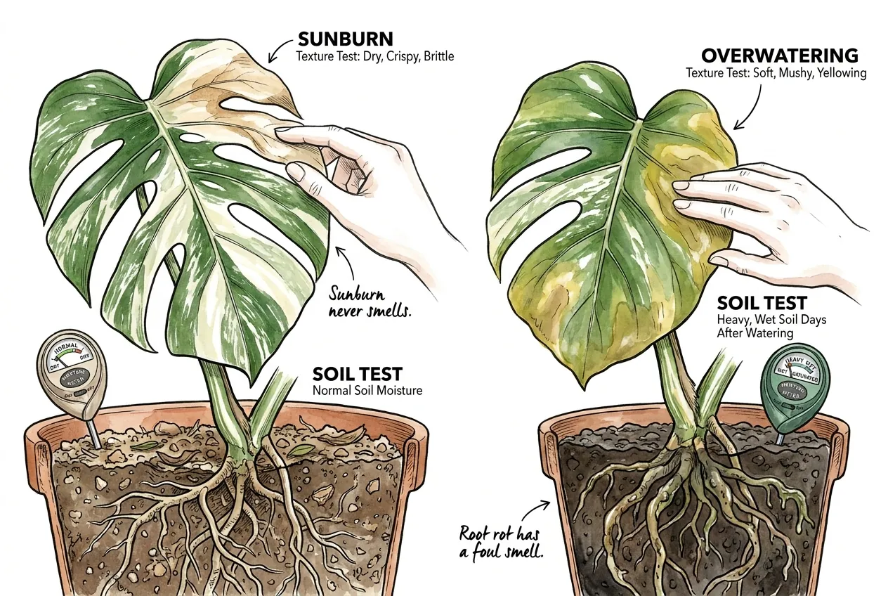 Conceptual comparison of a dry crispy leaf patch versus a soft yellowing leaf, alongside a soil-moisture check