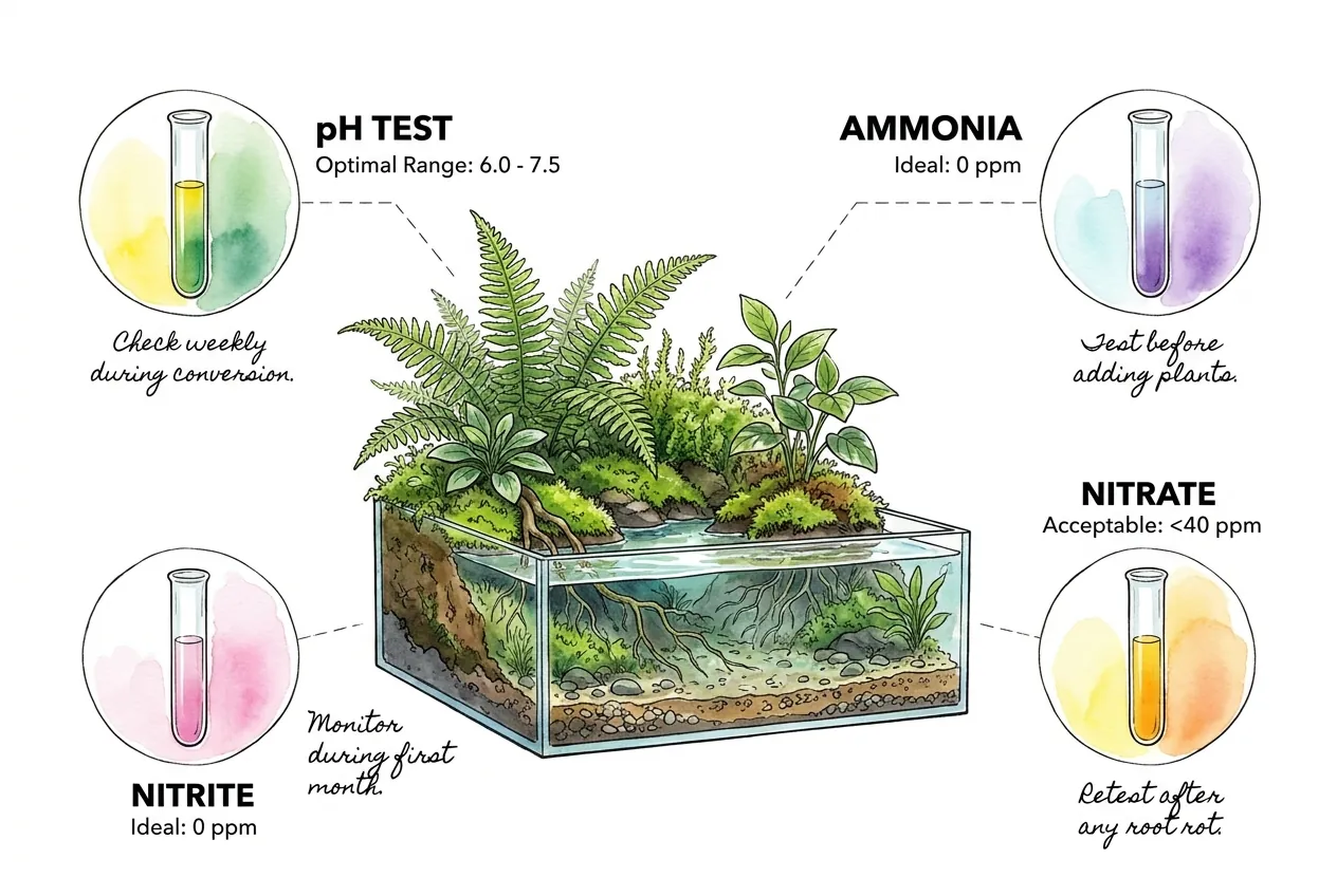 Aquarium liquid test tubes for pH, ammonia, nitrite, and nitrate readings