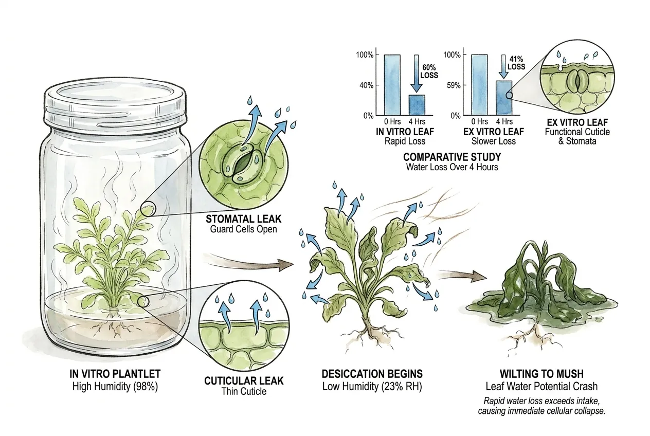 Diagram of an in vitro leaf losing water through open stomata and a thin cuticle