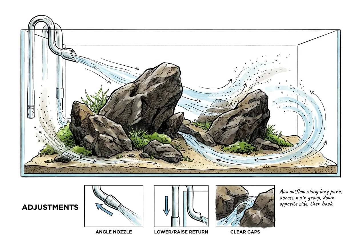 Conceptual top-down diagram of a lily-pipe outflow looping along one side, behind the stones, and back along the foreground