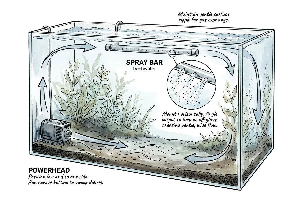 Illustration of one possible spray-bar and powerhead layout building a rotating tank current