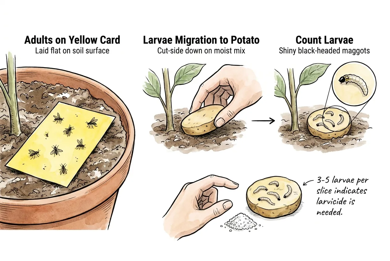 A flat yellow sticky card and a raw potato slice used to check soil for fungus gnats and larvae