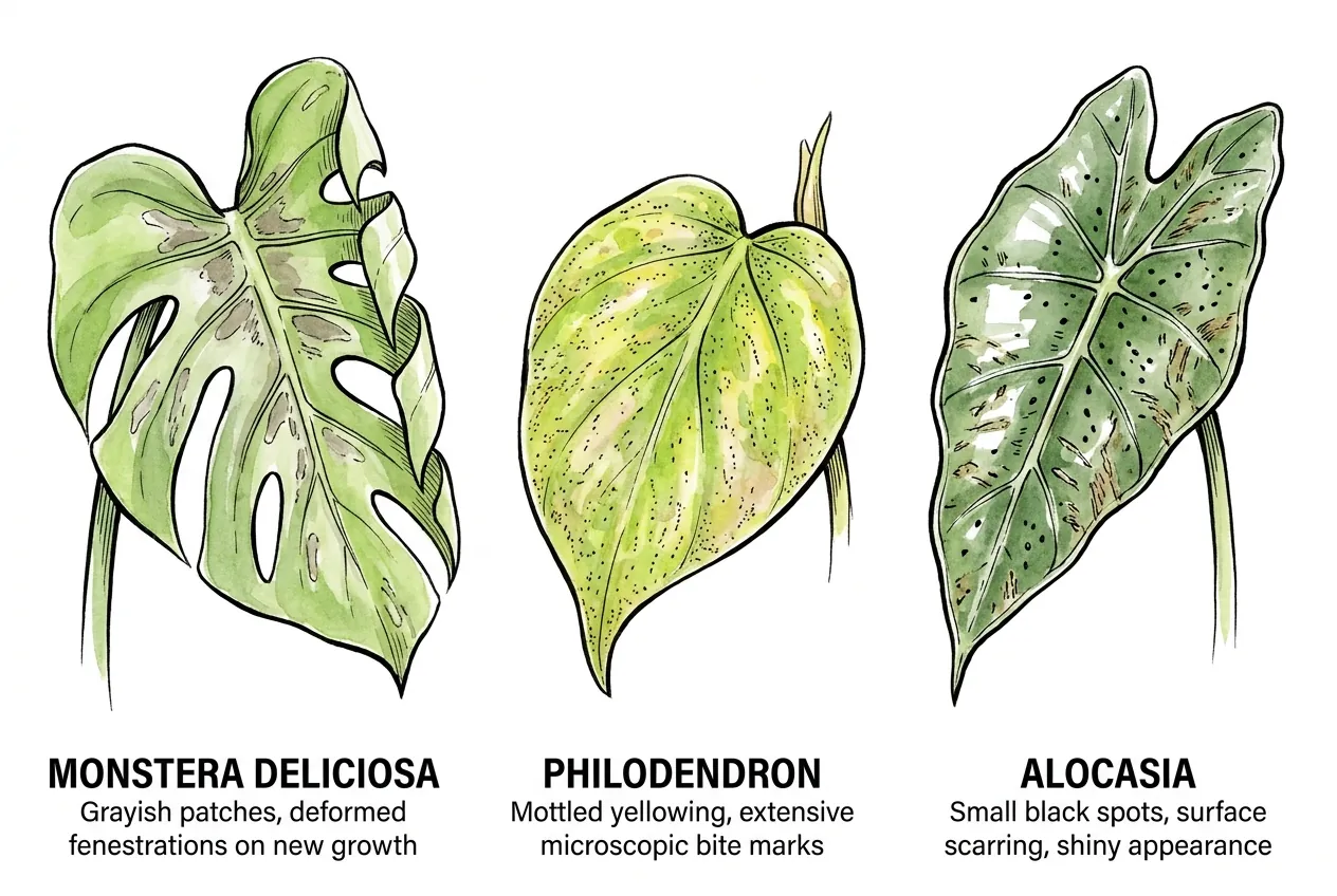 Illustration of three aroid leaves showing patchy, mottled, and spotted damage of the kind thrips can cause