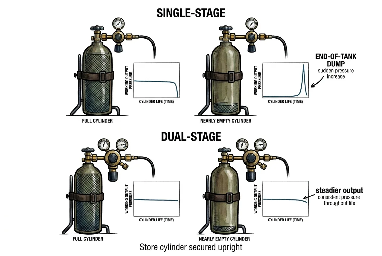 Diagram contrasting a single-stage regulator's end-of-tank pressure spike with a dual-stage regulator's steadier output