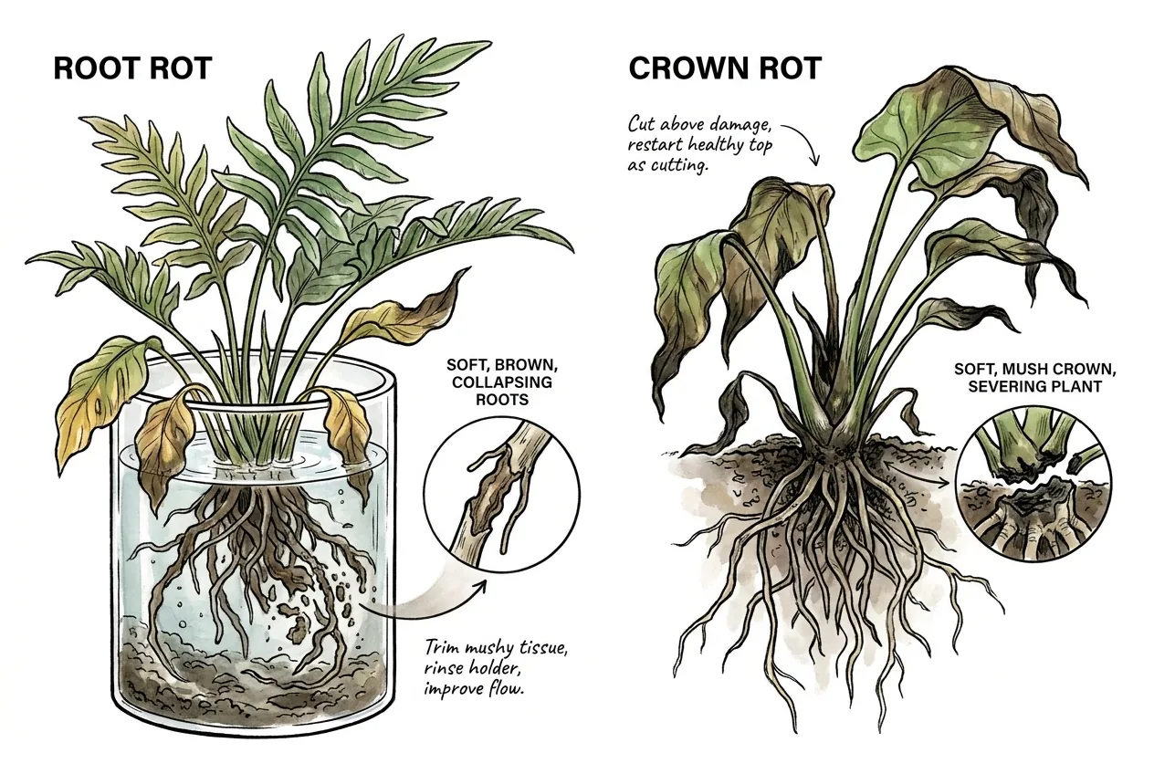 Comparison of firm pale roots and an intact crown against soft, discolored roots and a damaged crown