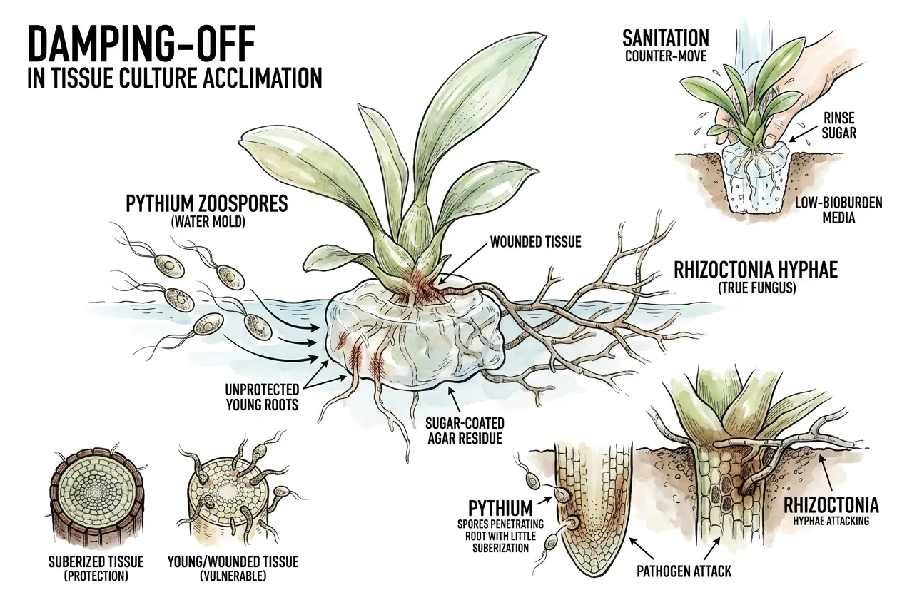 Diagram of agar residue on a wounded plantlet root with rot developing at the stem base